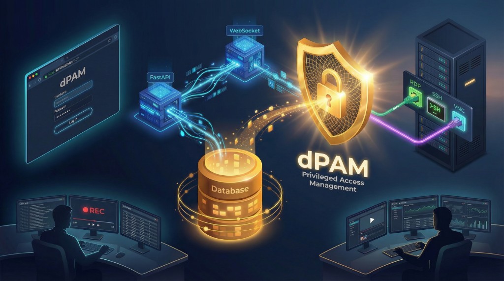 Схема dPAM: вход в браузере, FastAPI и WebSocket, база данных, защитный контур, подключения RDP SSH VNC к целям, запись сессий для администраторов